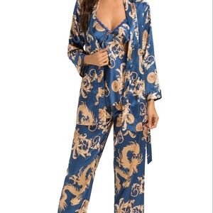 Elegant Blue and Gold Women's Satin Sleepwear Set Sz S